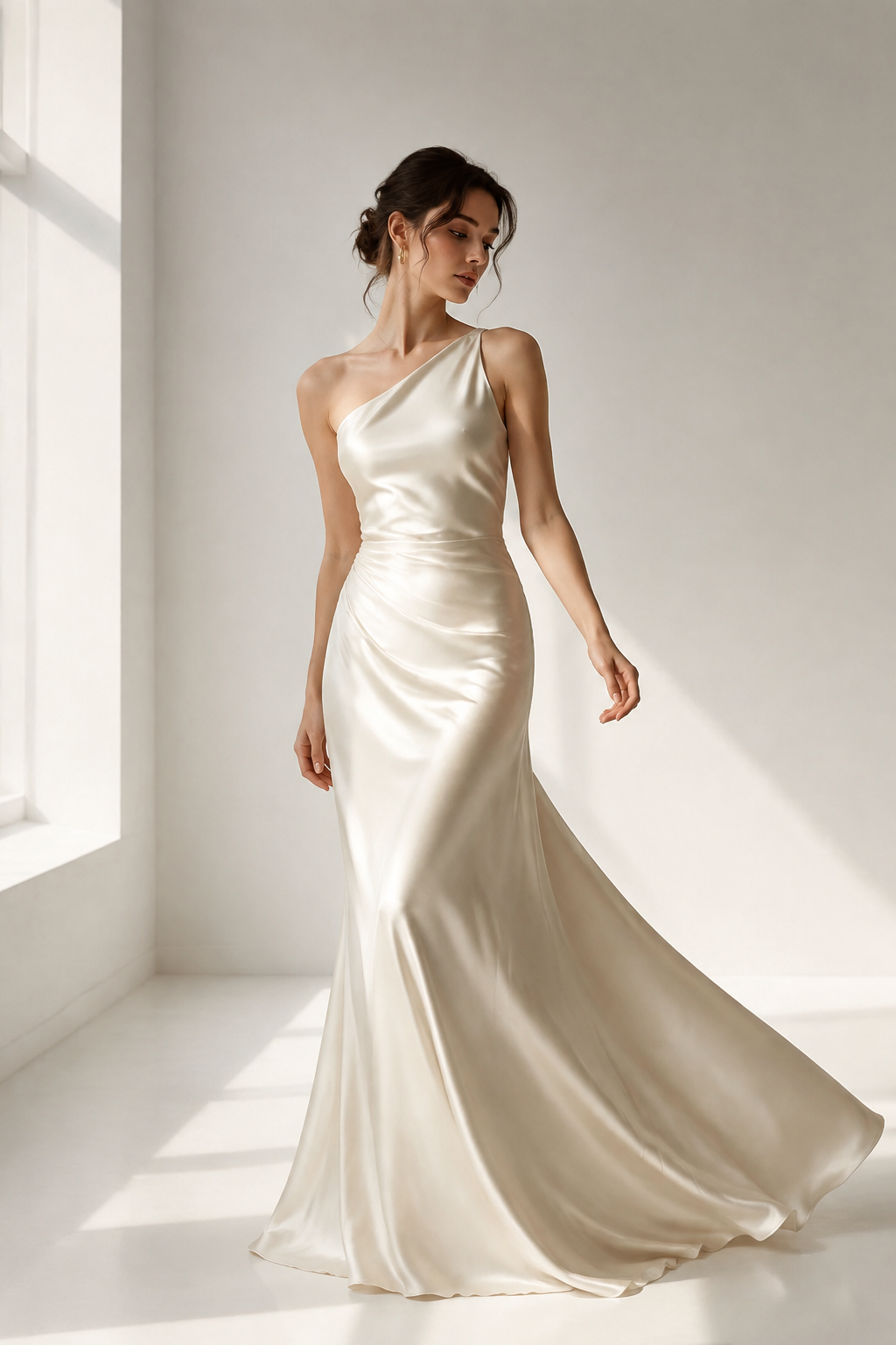 Visuel d’inspiration créé par IA : robe en satin ivoire, hors catalogue
